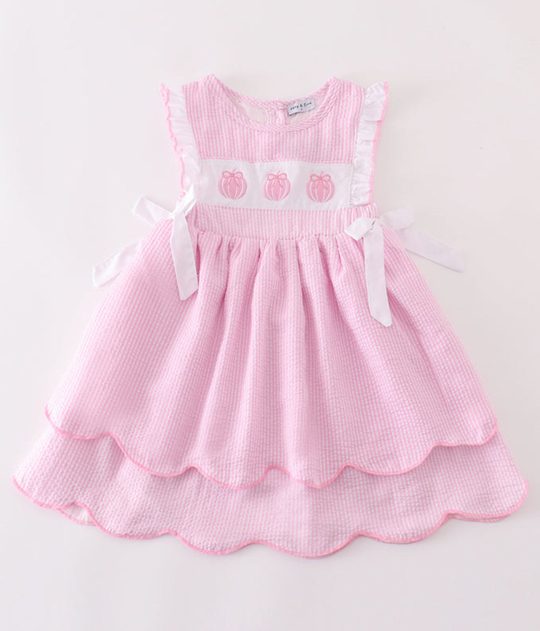 Pink pumpkin embroidery seersucker ruffle dress