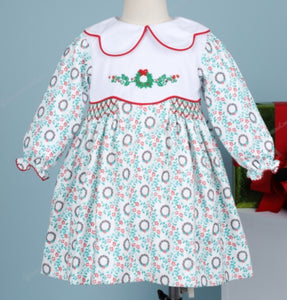 Christmas pattern printing 4.0 hand smocked long sleeves dress