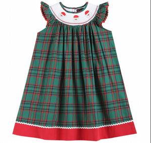 Navy and Green Plaid Santa Smocked Bishop Dress