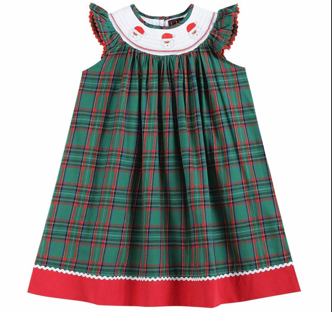 Navy and Green Plaid Santa Smocked Bishop Dress