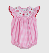 Load image into Gallery viewer, Preorder by 9/30-Pink Gingham Daisy and Hearts Smocked Romper-Ships 12/28
