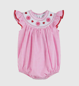 Preorder by 9/30-Pink Gingham Daisy and Hearts Smocked Romper-Ships 12/28
