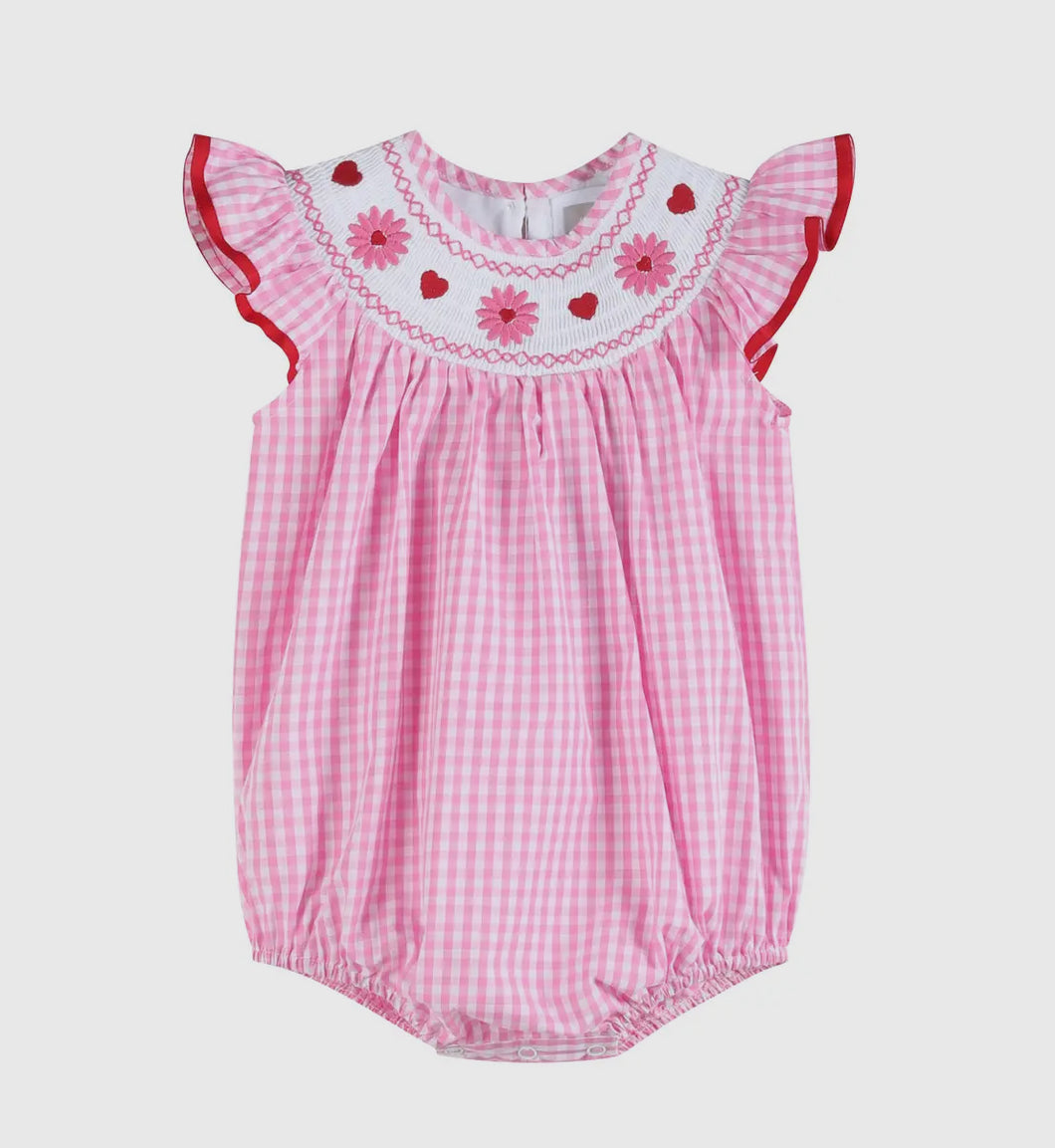 Preorder by 9/30-Pink Gingham Daisy and Hearts Smocked Romper-Ships 12/28