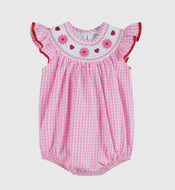 Preorder by 9/30-Pink Gingham Daisy and Hearts Smocked Romper-Ships 12/28
