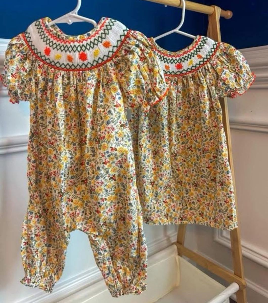 Yellow Flower Dress and Bubble with Geometric Smock Around Neck