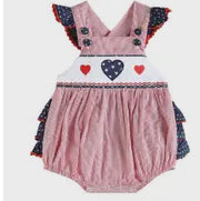 Blue and Red 4th of July Heart Smocked Bubble Romper-2T