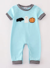 Load image into Gallery viewer, Blue halloween ghost pumpkin boy romper
