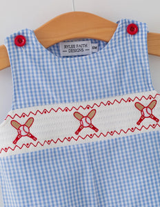 Baby Boy Baseball Smocked Romper - Blue Plaid Summer Outfit-Ships 12/15