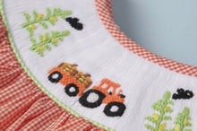 Load image into Gallery viewer, Tractor and Pumpkin Smocked Gingham Bishop Dress
