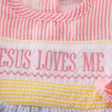 Load image into Gallery viewer, Easter seersucker Jesus loves me embroidery girl bubble
