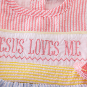 Easter seersucker Jesus loves me embroidery girl bubble