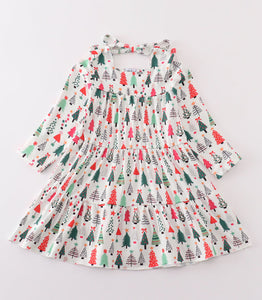 Green christmas tree print girl dress