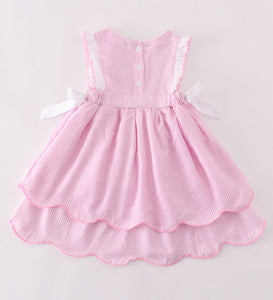 Pink pumpkin embroidery seersucker ruffle dress