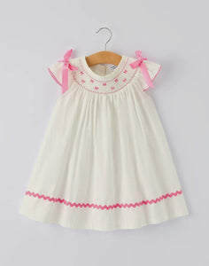 Fall White Girls Dress with Pink Bow Embroidery-Ships 10/10