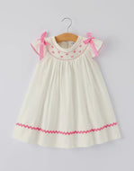 Fall White Girls Dress with Pink Bow Embroidery-Ships 10/10