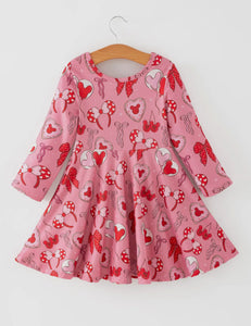 Toddler Girls Valentine Party Pink Dress - Red Bow Heart Print Outfit