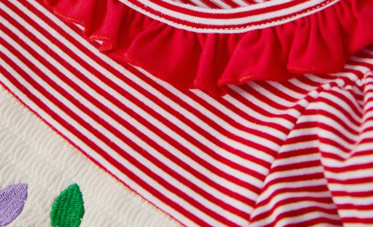 Holiday Girls Dress with Embroidered Christmas Lights and Red Bow Details - Abbies Place