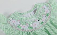 Load image into Gallery viewer, Green Seersucker Easter Bunny Smocked Flutter Romper
