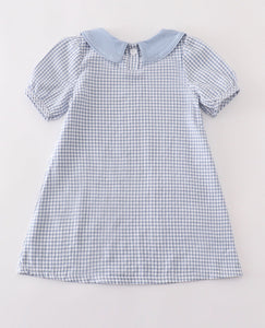 Blue gingham pumpkin embroidery girl dress