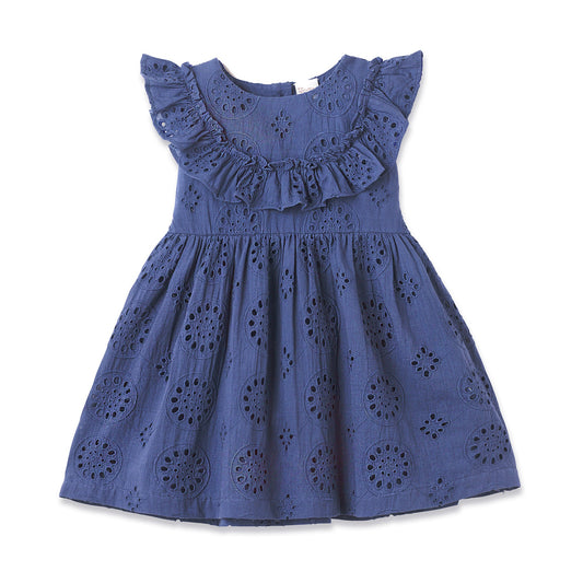 Girls' Eyelet Ruffle Dress - Cotton Blue Embroidered