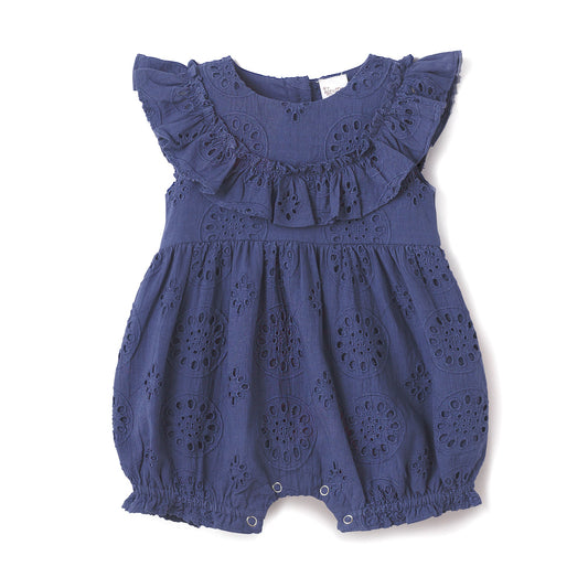 Baby Eyelet Romper Blue Cotton Ruffle One-Piece for Girls