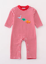 Load image into Gallery viewer, Premium red stripe dinosaur applique girl romper
