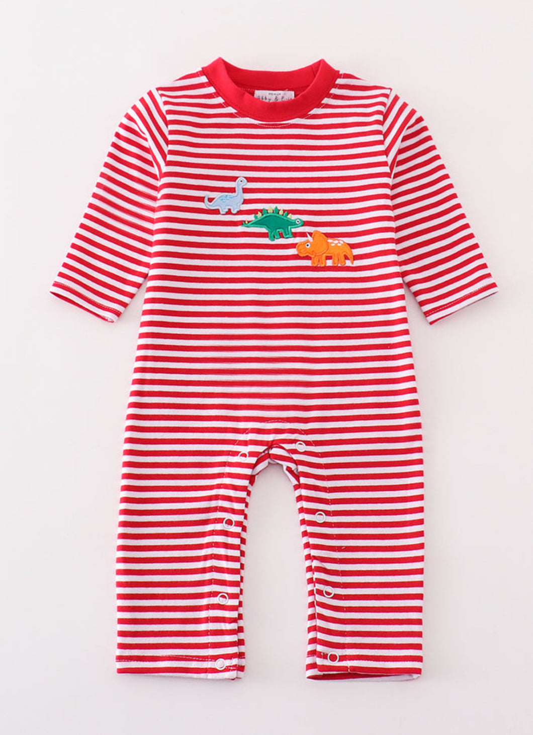 Premium red stripe dinosaur applique girl romper