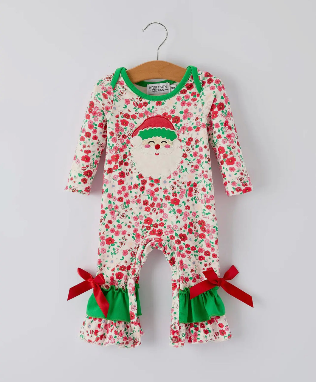 Christmas Santa Applique Baby Girls Floral Long Sleeve Ruffle Romper with Bow Ties-Ships by 10/1