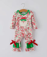 Christmas Santa Applique Baby Girls Floral Long Sleeve Ruffle Romper with Bow Ties-Ships by 10/1