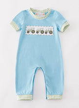 Load image into Gallery viewer, Blue tractor embroidery boy romper
