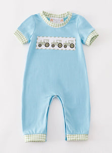 Blue tractor embroidery boy romper