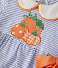 Load image into Gallery viewer, Fall Thanksgiving and Halloween Lapel Stripe Pumpkin Applique Bow Girls Romper-Ships 10/10
