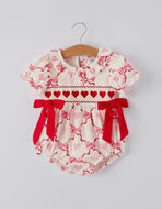 Preorder(10/19)Girls Valentine Romper with Heart Embroidery and Bowknot Design-Ships by 11/20