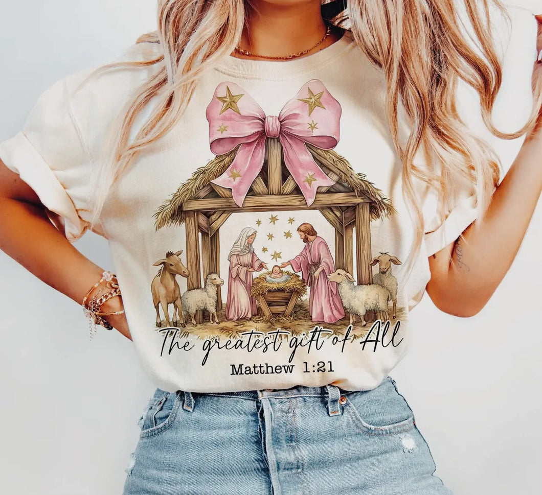 Greatest Gift of All Shirt, Bow Nativity Coquette