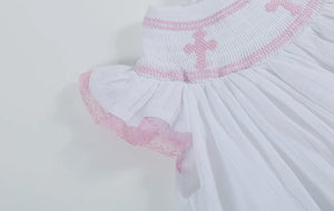 White and Light Pink Cross Bishop Dress