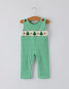 Christmas Tree Smocked Green Stripe Baby Boy Romper-Ships 10/10