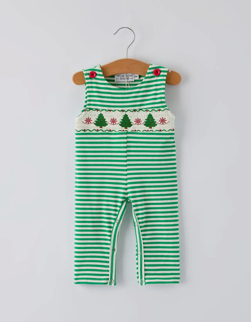 Christmas Tree Smocked Green Stripe Baby Boy Romper-Ships 10/10