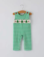 Christmas Tree Smocked Green Stripe Baby Boy Romper-Ships 10/10