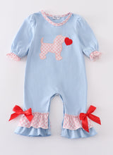 Load image into Gallery viewer, Blue valentine puppy heart applique girl romper
