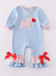 Blue valentine puppy heart applique girl romper