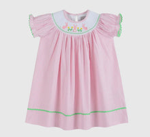 Load image into Gallery viewer, Pink Pinstripe Pom Pom Bunny Smocked Bishop Dress
