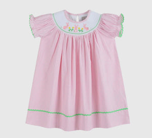 Pink Pinstripe Pom Pom Bunny Smocked Bishop Dress
