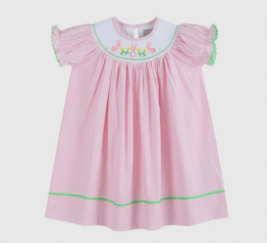 Pink Pinstripe Pom Pom Bunny Smocked Bishop Dress
