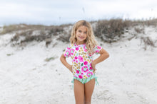 Load image into Gallery viewer, Olivia Green Pink Floral Rash Guard Swimsuit
