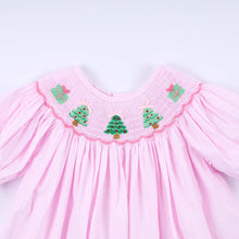 Load image into Gallery viewer, Pink christmas tree hand smocked ruffle pants set
