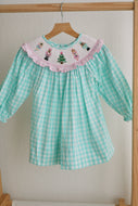 Mint christmas nutcracker hand smocked gingham dress