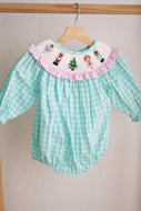 Mint christmas nutcracker hand smocked gingham bubble