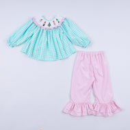 Mint christmas nutcracker hand smocked gingham ruffle pants set