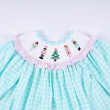 Load image into Gallery viewer, Mint christmas nutcracker hand smocked gingham ruffle pants set
