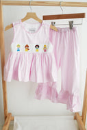 Pink princess hand smocked plaid ruffle pants set